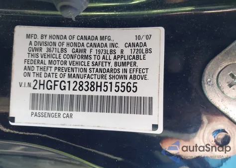 2008 Honda Civic Ex z USA, uszkodzony, nr VIN 2HGFG12838H515565